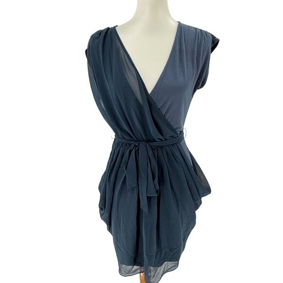 Bebe Navy Blue Wrap-Style Dress With Sheer Overlay & Belted Waist Size M - Picture 1 of 7